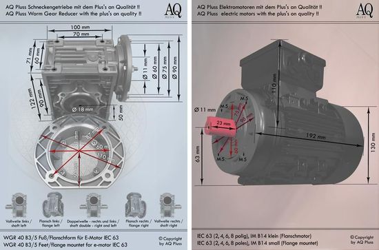 B5 Flanschbauform, 3 Flanschmaße Durchmesser, Welle Durchmesser und Länge, Buchstaben gleich wie oben.