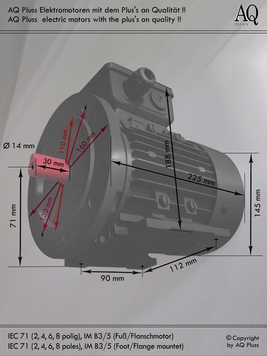 Elektromotor B3/5 Fuß/Flansch-Motor, IEC 71 diese Baugröße beinhaltet mehrere Leistungen und Drehzahlen.