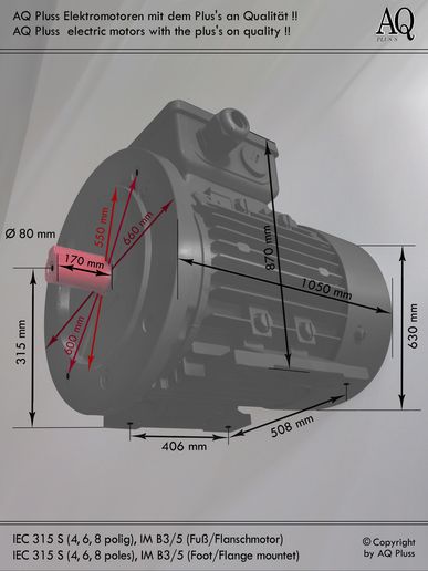 Elektromotor B3/5 Fuß/Flansch-Motor, IEC 315 S ( 4,6 und 8 polige )  diese Baugröße beinhaltet mehrere Leistungen und Drehzahlen.