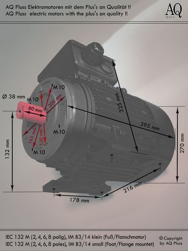 Elektromotor B3/14 kl Fuß/Flansch-Motor, Klarbild ohne Maßpfeile und ohne Maßzahlen, IEC 132 M diese Baugröße beinhaltet mehrere Leistungen und Drehzahlen.