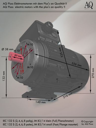 Elektromotor B3/14 kl Fuß/Flansch-Motor, Klarbild ohne Maßpfeile und ohne Maßzahlen, IEC 132 S diese Baugröße beinhaltet mehrere Leistungen und Drehzahlen.