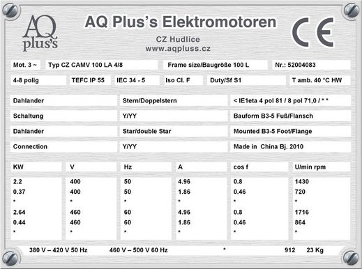 0,09 KW Elektromotor B3 Fußform Typenschild mit Daten, Tabellen als Download. 