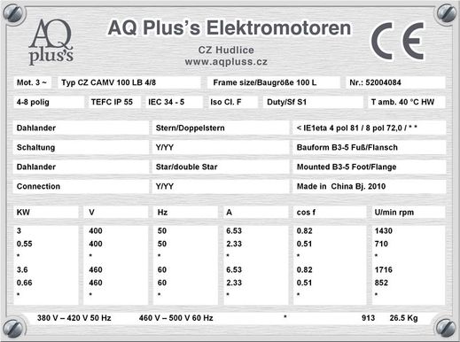 0,12 KW Elektromotor B3 Fußform Typenschild mit Daten, Tabellen als Download.