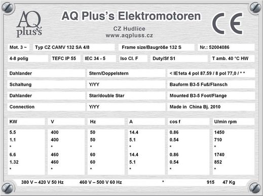 0,25 KW Elektromotor B3 Fußform Typenschild mit Daten, Tabellen als Download.