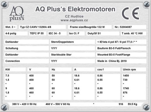 0,37 KW Elektromotor B3 Fußform Typenschild mit Daten, Tabellen als Download.