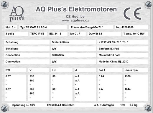 0,37 KW 4 polig ,Elektromotor B3 Fußform Typenschild mit Daten, Tabellen als Download.