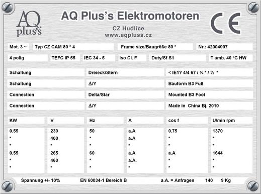 0,55 KW 4 polig ,Elektromotor B3 Fußform Typenschild mit Daten, Tabellen als Download. 