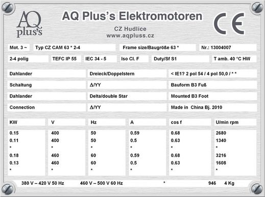 75 KW 4 polig ,Elektromotor B3 Fußform Typenschild mit Daten, Tabellen als Download.