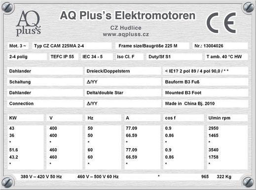 5,5 KW 6 polig ,Elektromotor B3 Fußform Typenschild mit Daten, Tabellen als Download.