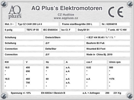 18,5 KW 6 polig ,Elektromotor B3 Fußform Typenschild mit Daten, Tabellen als Download.