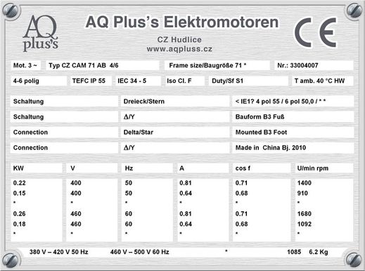 22 KW 6 polig ,Elektromotor B3 Fußform Typenschild mit Daten, Tabellen als Download.