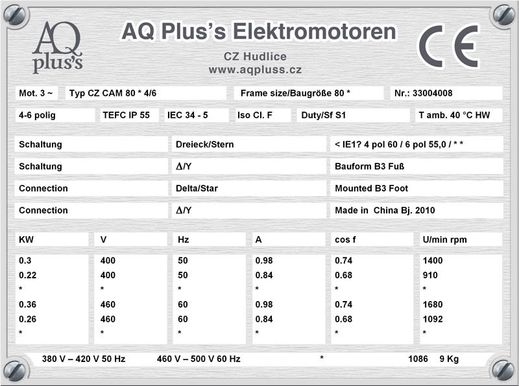 30 KW 6 polig ,Elektromotor B3 Fußform Typenschild mit Daten, Tabellen als Download.