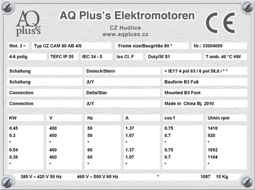 37 KW 6 polig ,Elektromotor B3 Fußform Typenschild mit Daten, Tabellen als Download.