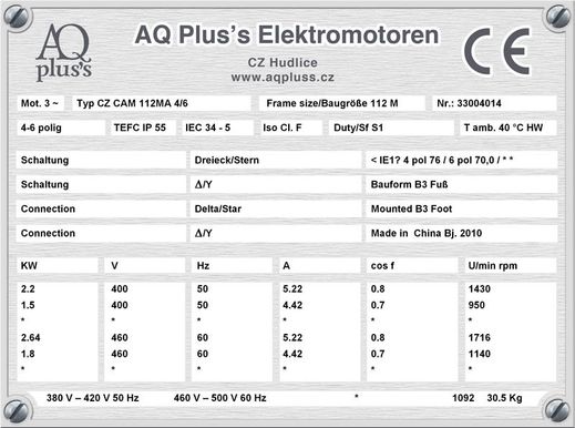 110 KW 6 polig ,Elektromotor B3 Fußform Typenschild mit Daten, Tabellen als Download.