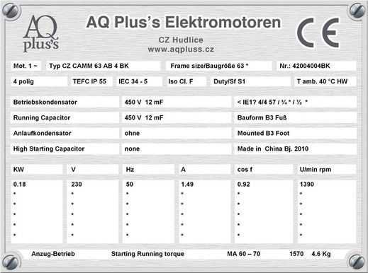 0,26/0,09 KW 4/6 polig, Elektromotor quadratisches Gegenmoment, B3 Fußform Typenschild mit Daten, Tabellen als Download. 