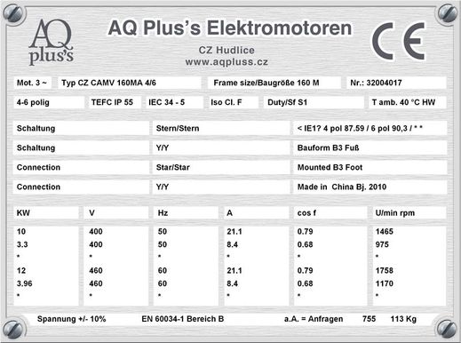 10/3,3 KW 4/6 polig, Elektromotor quadratisches Gegenmoment, B3 Fußform Typenschild mit Daten, Tabellen als Download. 