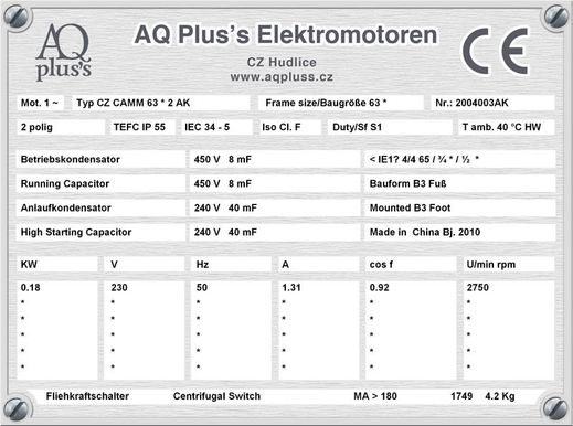 13/4,4 KW 4/6 polig, Elektromotor quadratisches Gegenmoment, B3 Fußform Typenschild mit Daten, Tabellen als Download. 