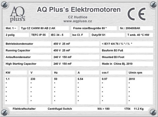 40/14 KW 4/6 polig, Elektromotor quadratisches Gegenmoment, B3 Fußform Typenschild mit Daten, Tabellen als Download. 