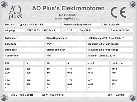 0,55/0,09 KW, 4/8 polig, Dahlandermotor, quadratisches Gegenmoment, B3 Fußmotor, Lüfterantrieb.