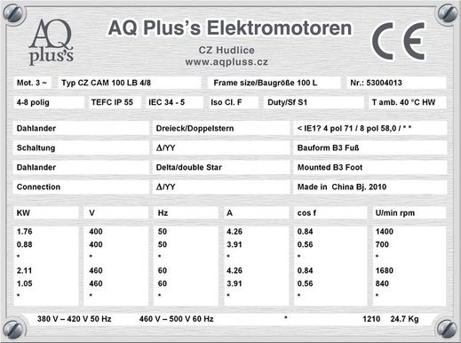 1,76/0,88 KW, 4/8 polig, 2 Drehzahlen, konstantes Gegenmoment, Dahlander, B3 Fußmotor, Tabellen im Downloadbereich. 